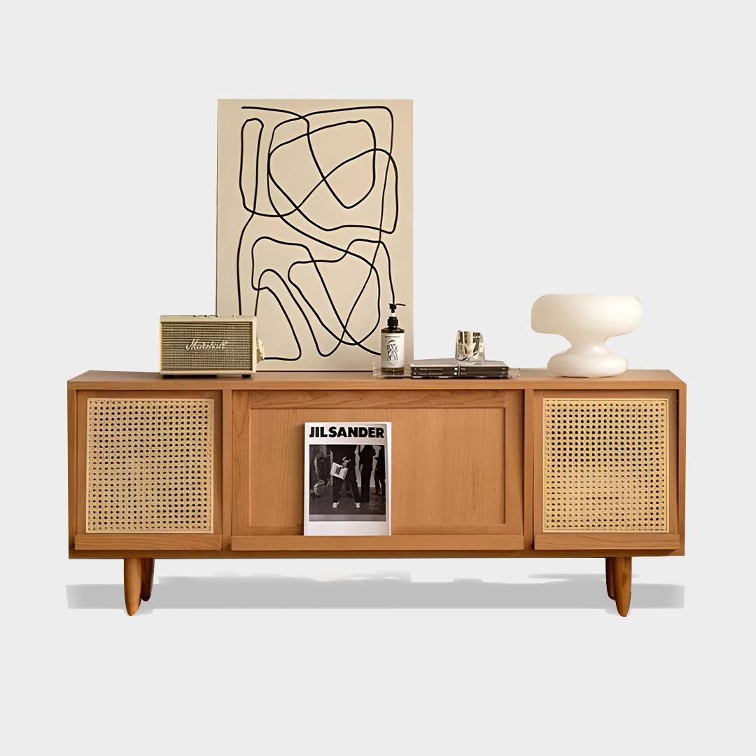 Anders Solid Wood Rattan TV Console with Storage