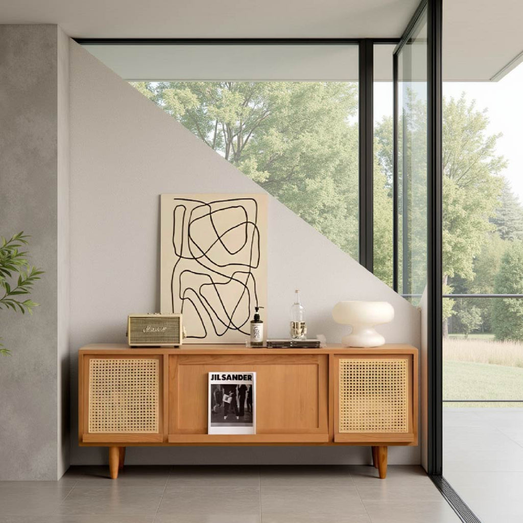 Anders Solid Wood Rattan TV Console with Storage