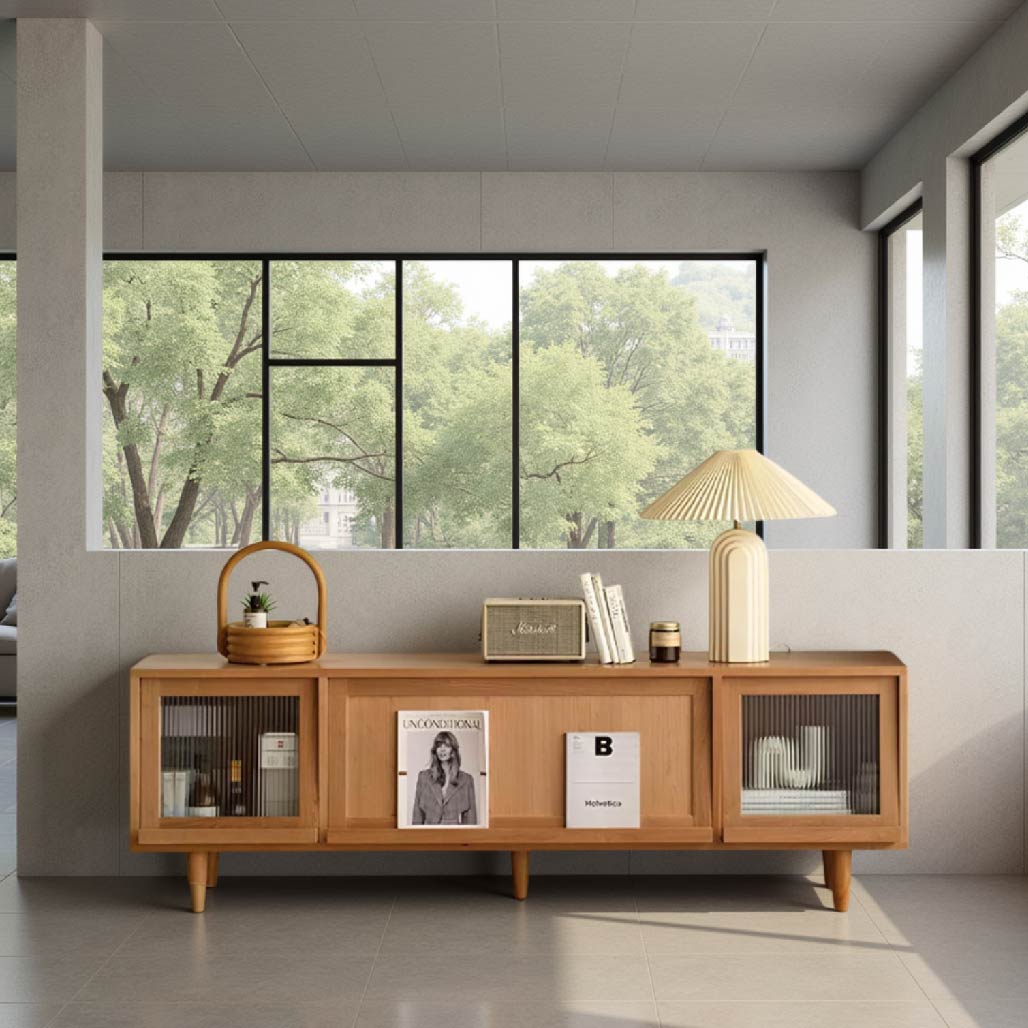 Anders Solid Wood Rattan TV Console with Storage