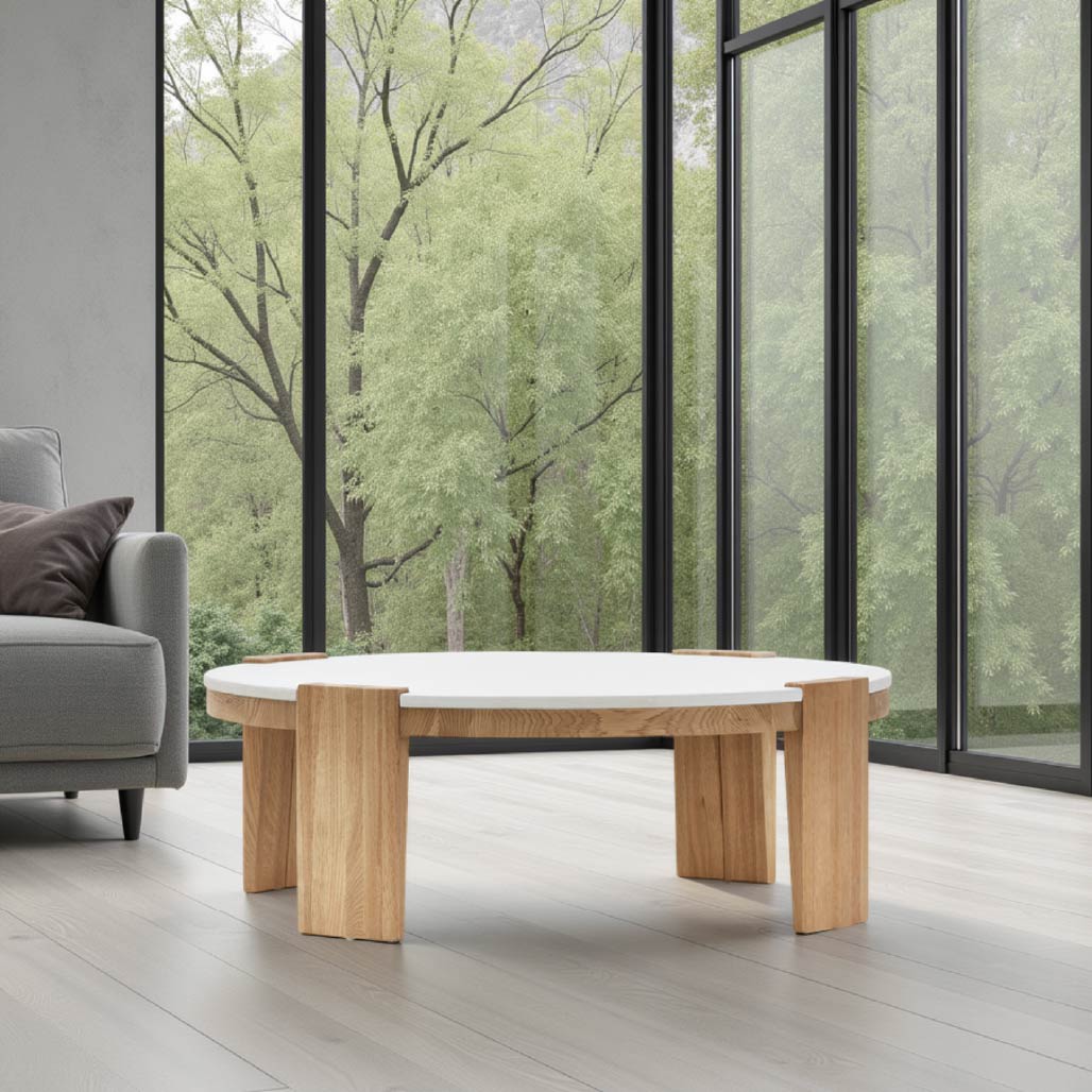 Greta Cement Paint Coffee Table with Oak Wood Leg