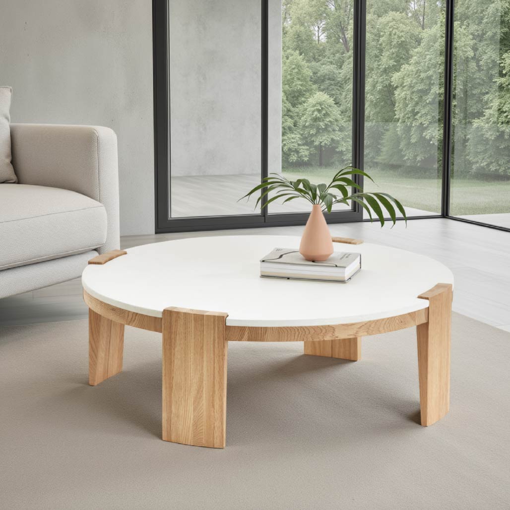 Greta Cement Paint Coffee Table with Oak Wood Leg